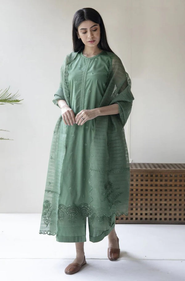 QN732 SUMMER 3PC Lawn Embroidered Shirt With Organza Embroidered Dupatta - Qirat Noman