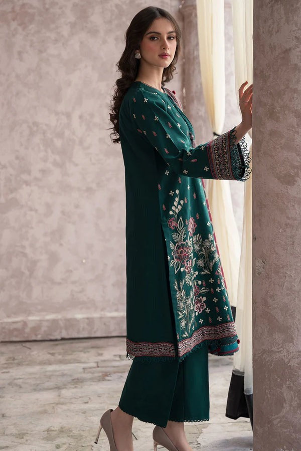 QN625 WINTER 3PC Dhannak Embroidered suit with Printed Shawll - Qirat Noman