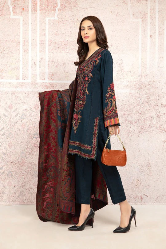 QN582 WINTER 3PC Khaddar Embroidered Suit with Printed Wool Shawll - Qirat Noman