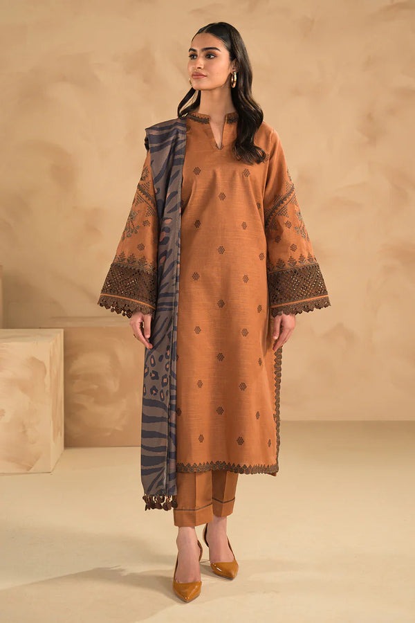 QN631 WINTER 3PC Dhannak Embroidered suit with Printed Shawll - Qirat Noman