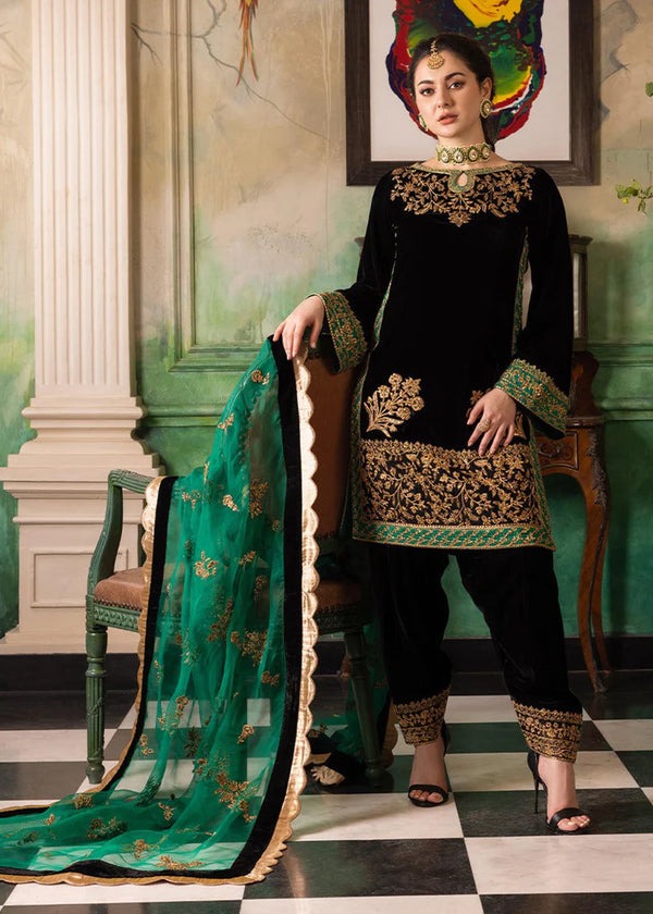 QN551 Velvet Winter Embroidered 3 Piece Dress With Organza embroidered Dopata - Qirat Noman