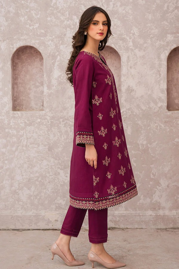 QN619 WINTER 3PC Dhannak Embroidered suit with Printed Shawll - Qirat Noman