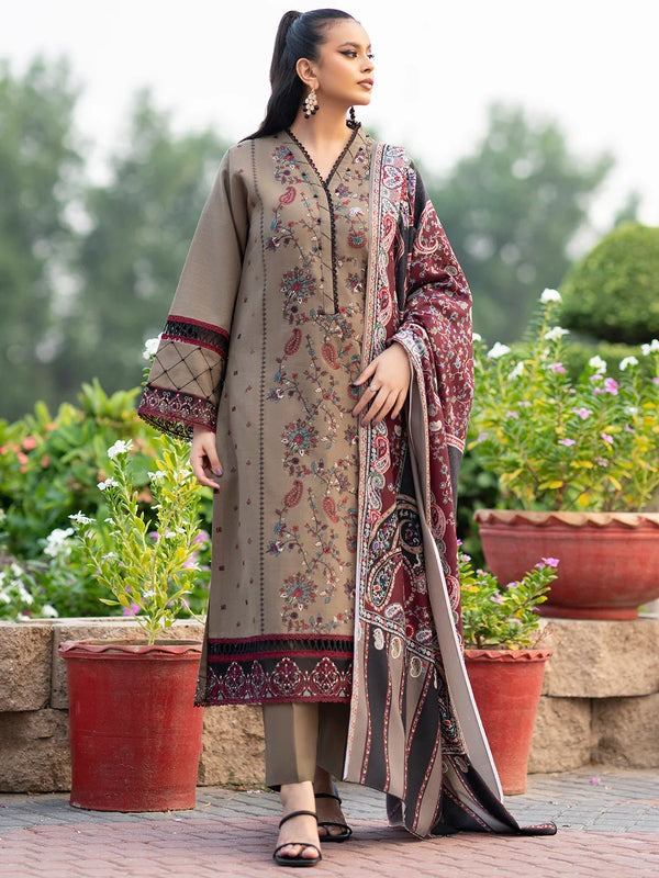 QN617 WINTER 3PC Dhannak Embroidered suit with Printed Shawll - Qirat Noman