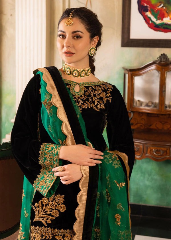 QN551 Velvet Winter Embroidered 3 Piece Dress With Organza embroidered Dopata - Qirat Noman