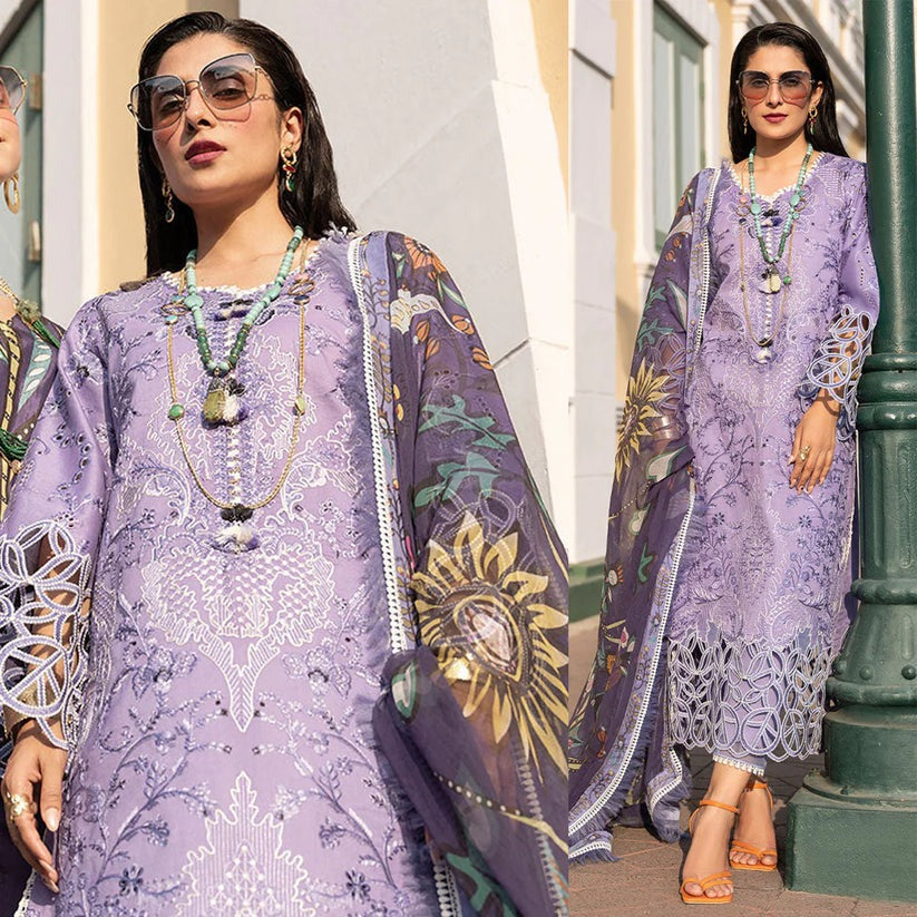 QN132-3 Piece Unstitched Summer Heavy Embroidered Lawn Suit With Digital Printed Silk Dupatta - Qirat Noman