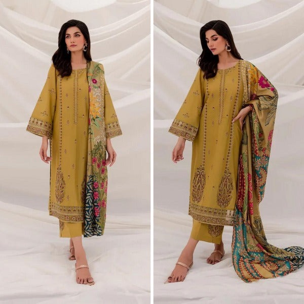 QN826 WINTER 3PC Dhannak Embroidered suit with Printed Shawll - Qirat Noman