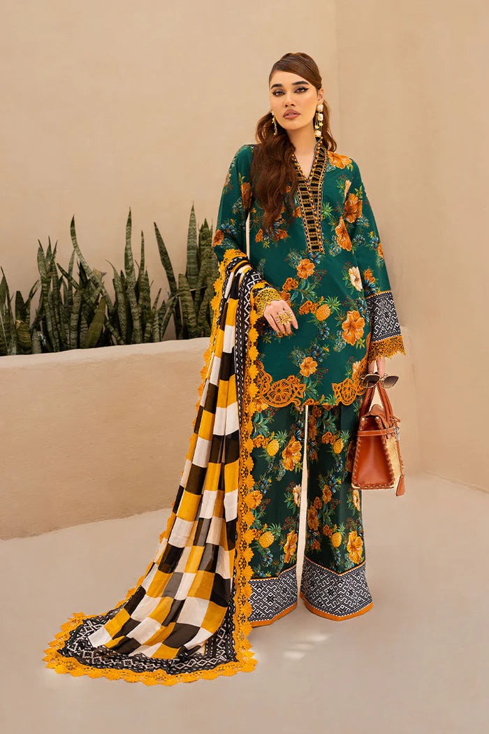 QN722-SUMMER 3 Piece Unstitched Digital Printed Lawn Suit - Digital Printed Daimond Dupatta - Qirat Noman