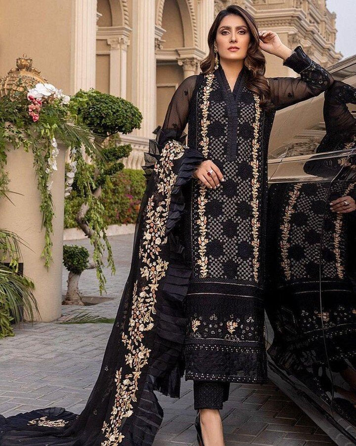 QN134 - 3 Piece Summer Unstitched Heavy Embroidered Lawn Suit With Heavy Embroidered Organza Dupatta