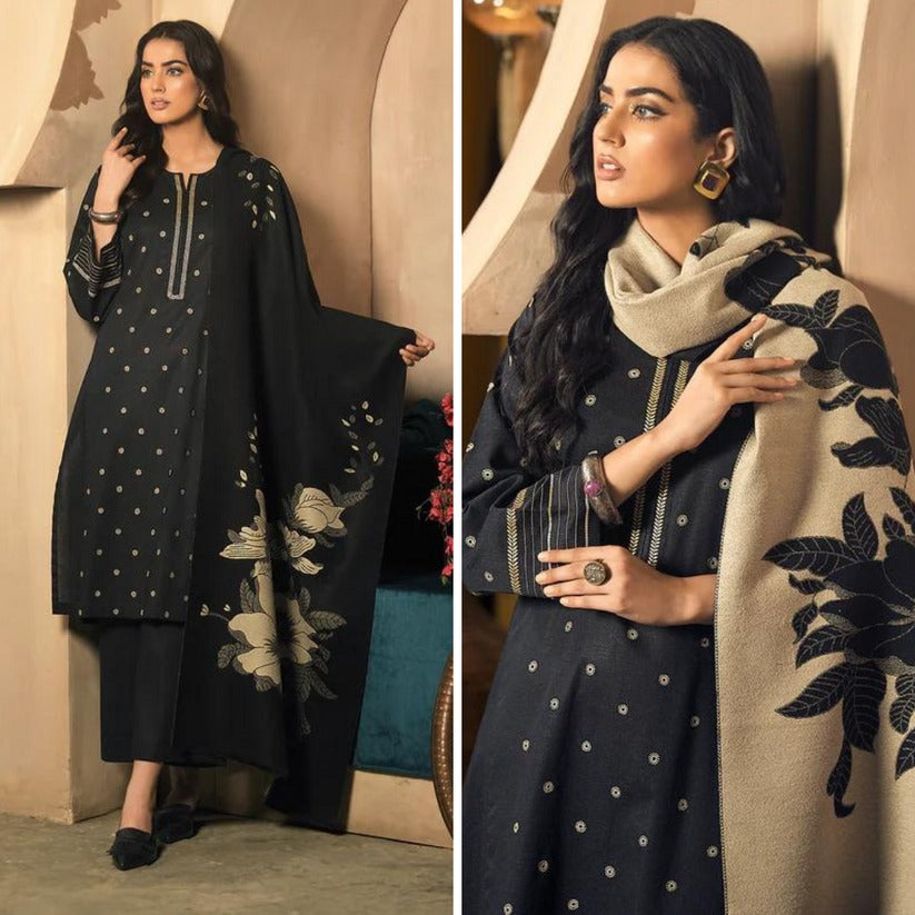 QN804-3PC Winter Dhannak Embroidered suit with Printed Shawll - Qirat Noman