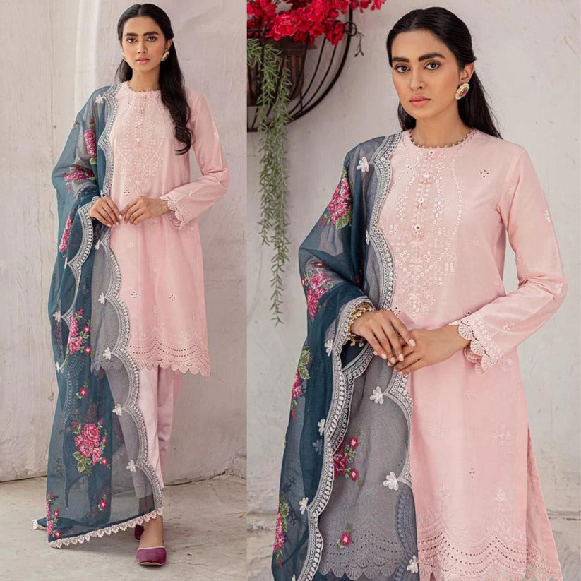 QN134-CROSS STICH Summer EMBROIDERED LAWN 3PC WITH EMBROIDERED ORGANZA DUPATTA - Qirat Noman