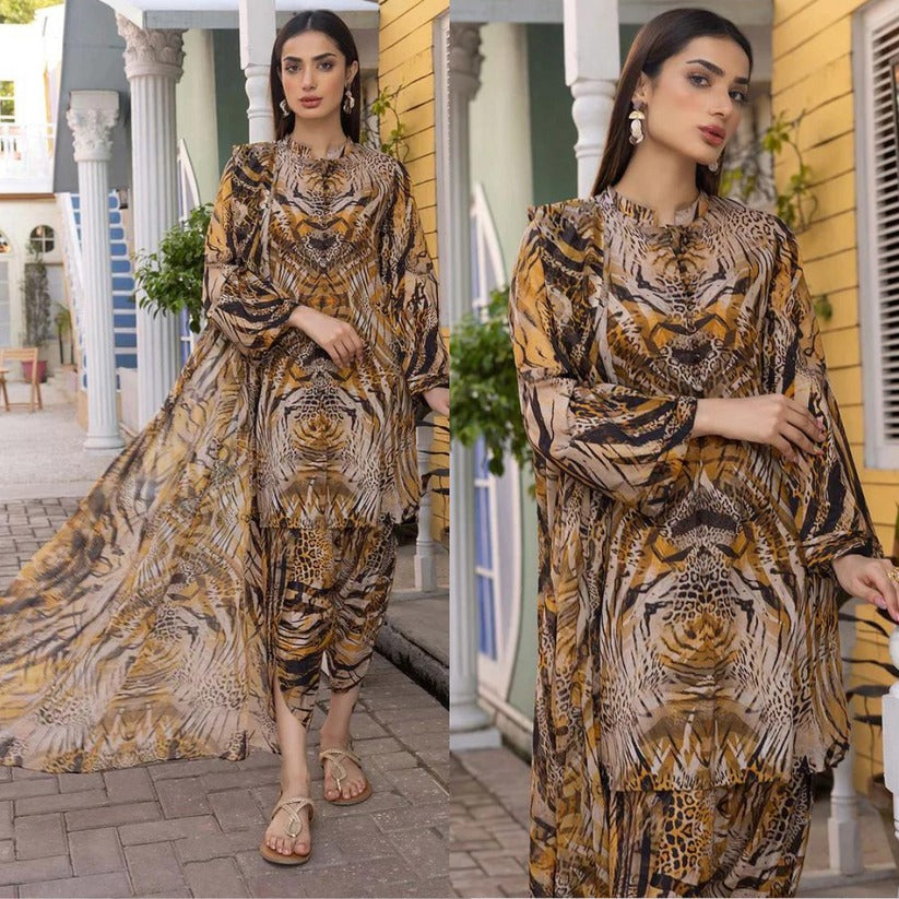 QN285-3Pc Digital Printed Summer Lawn Shirt With Printed Lawn Trouser and Chiffon Dupatta - Qirat Noman