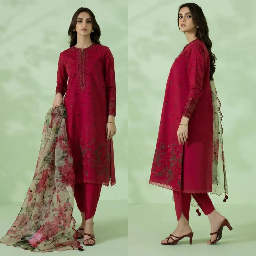 QN350-Sapphire 3PC Summer Lawn Heavy Embroidered Shirt With Paper Cotton Printed Dupatta - Qirat Noman