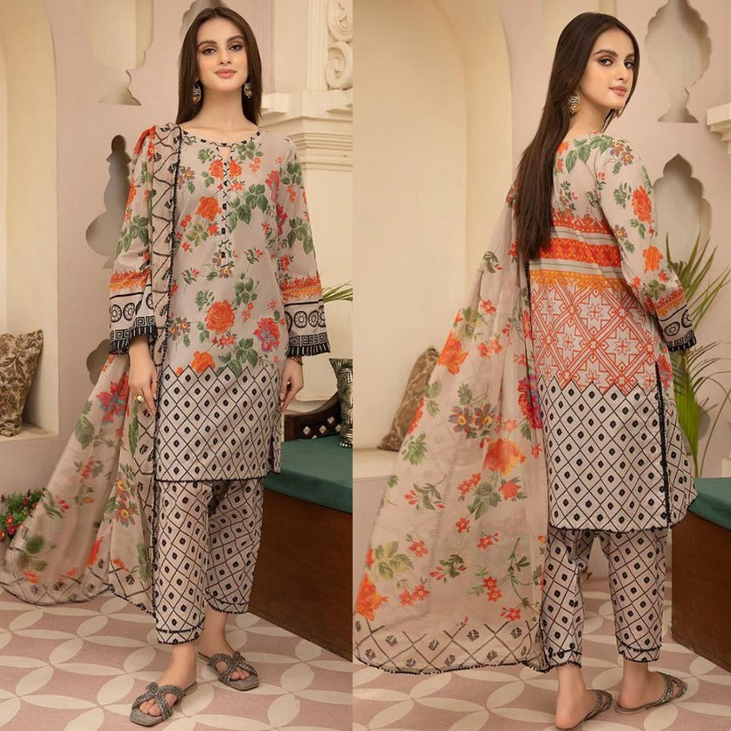 QN700-SUMMER 3Pc Digital Printed Lawn Shirt With Printed Lawn Trouser and Daimond Dupatta - Qirat Noman