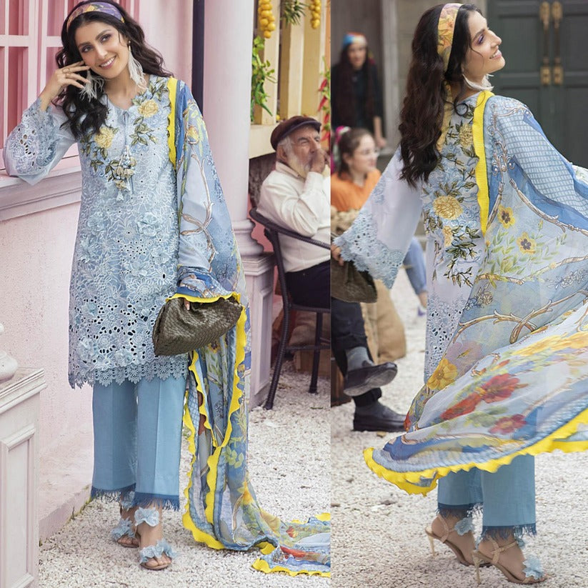 QN713- SUMMER MUSHQ 3PC EMBROIDERED LAWN SUIT WITH PRINTED SILK DUPATTA - Qirat Noman