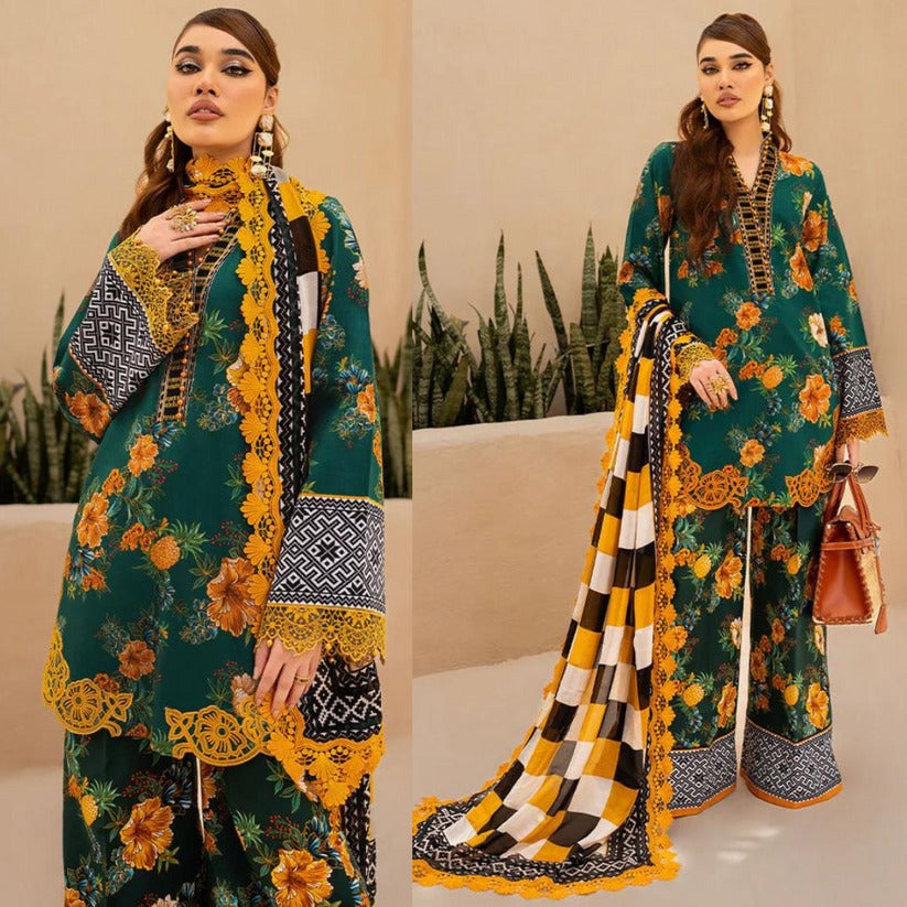 QN722-SUMMER 3 Piece Unstitched Digital Printed Lawn Suit - Digital Printed Daimond Dupatta - Qirat Noman