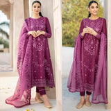 QN726-SUMMER 3PC Lawn Heavy Embroidered Shirt With Organza Embroidered Dupatta unstitch