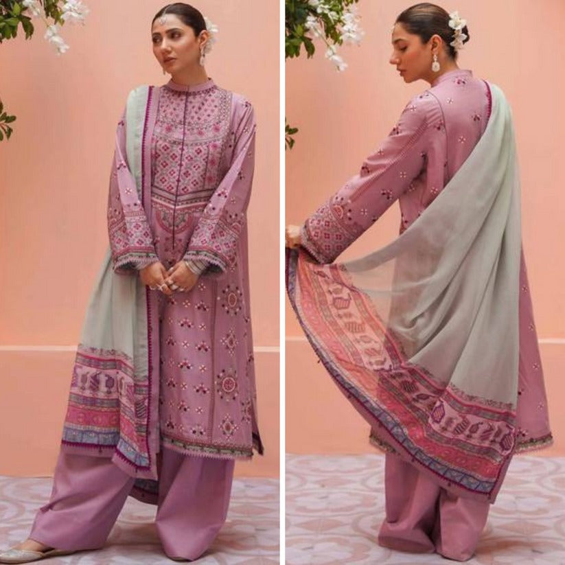 QN745-SUMMER 3PC Lawn Embroidered Shirt With Printed Silk Dupatta - Qirat Noman