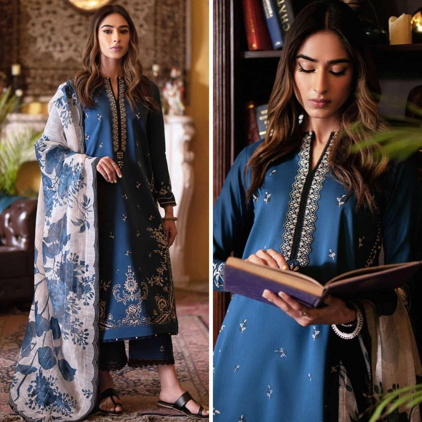 QN762-SUMMER - 3PC Lawn Heavy Embroidered Shirt With Printed Dupatta Fancy Monar - Qirat Noman