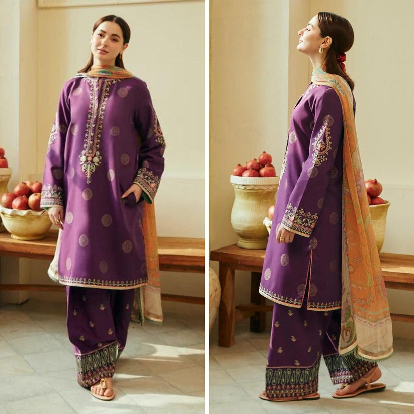 QN756-SUMMER - 3PC Lawn Heavy Embroidered Shirt With Printed Dupatta Fancy Monar - Qirat Noman