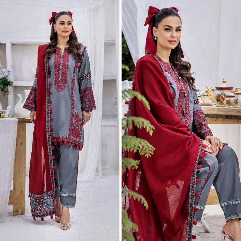 QN781-SUMMER 3PC Lawn Heavy Embroidered Shirt With Chffon Embroidered Dupatta - Qirat Noman