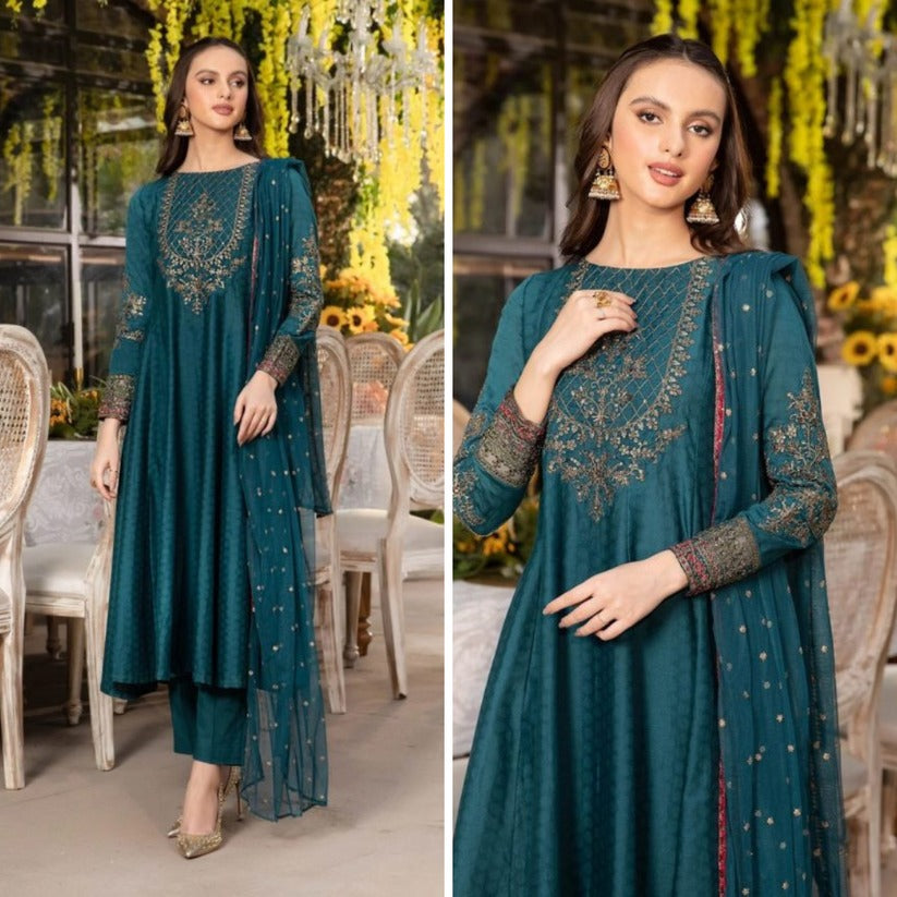 QN780- SUMMER, unstiched 3 piece Raw silk frock style embroidered suit With Embroidered Organza Dupptta - Qirat Noman