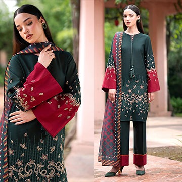 QN814 Winter 3PC Dhannak Embroidered suit with Printed Shawll - Qirat Noman