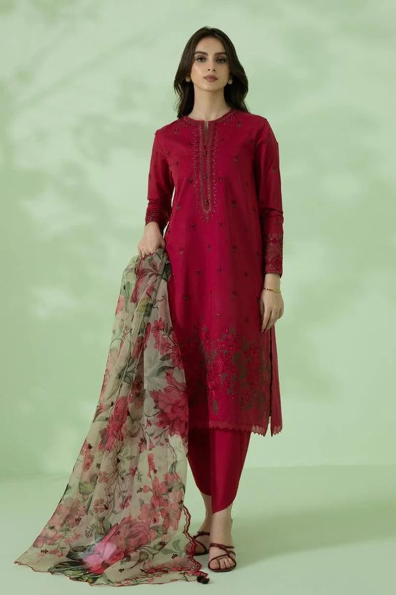 QN350-Sapphire 3PC Summer Lawn Heavy Embroidered Shirt With Paper Cotton Printed Dupatta - Qirat Noman