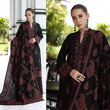 QN823 WINTER 3PC Dhannak Embroidered suit with Printed Shawll - Qirat Noman