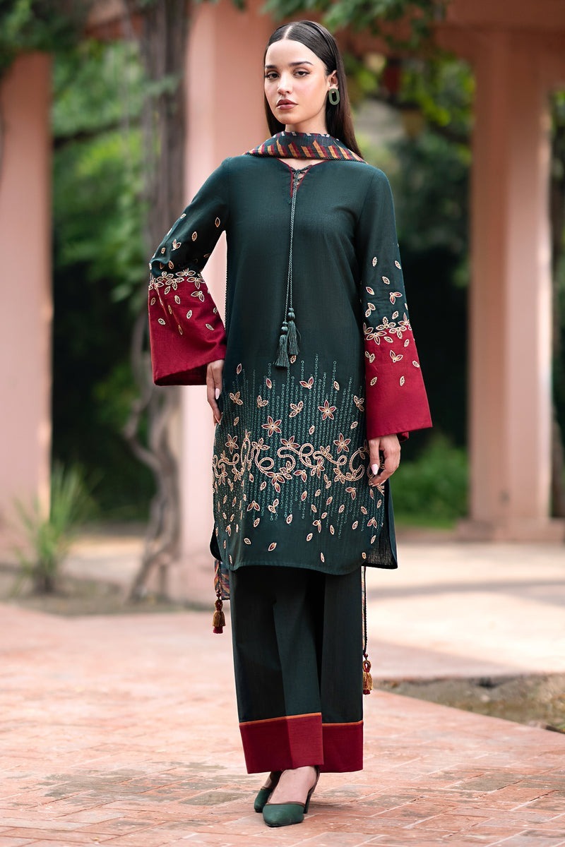 QN814 Winter 3PC Dhannak Embroidered suit with Printed Shawll - Qirat Noman