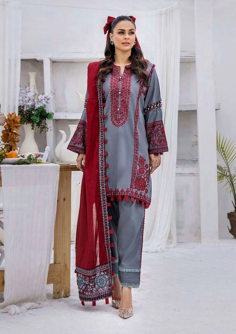 QN781-SUMMER 3PC Lawn Heavy Embroidered Shirt With Chffon Embroidered Dupatta - Qirat Noman