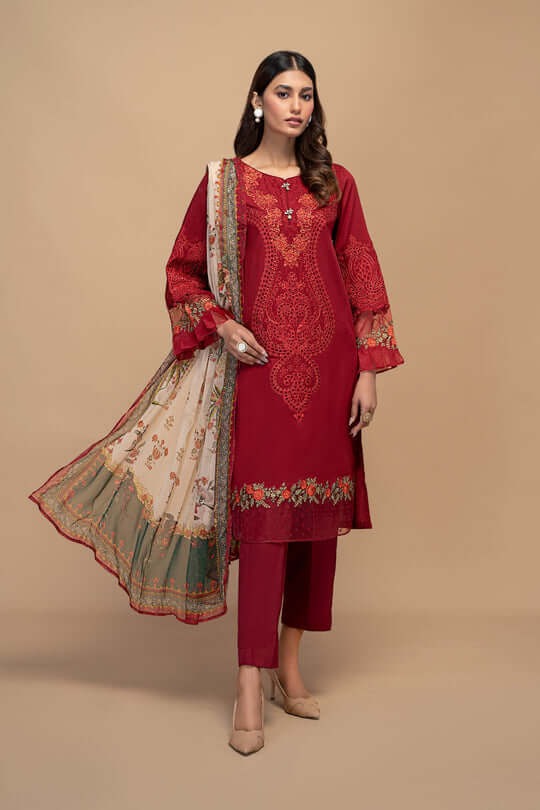 QN795-SUMMER 3PC Lawn Embroidered Shirt With Printed Monar Dupatta - Qirat Noman