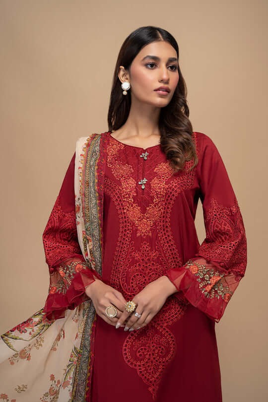 QN795-SUMMER 3PC Lawn Embroidered Shirt With Printed Monar Dupatta - Qirat Noman